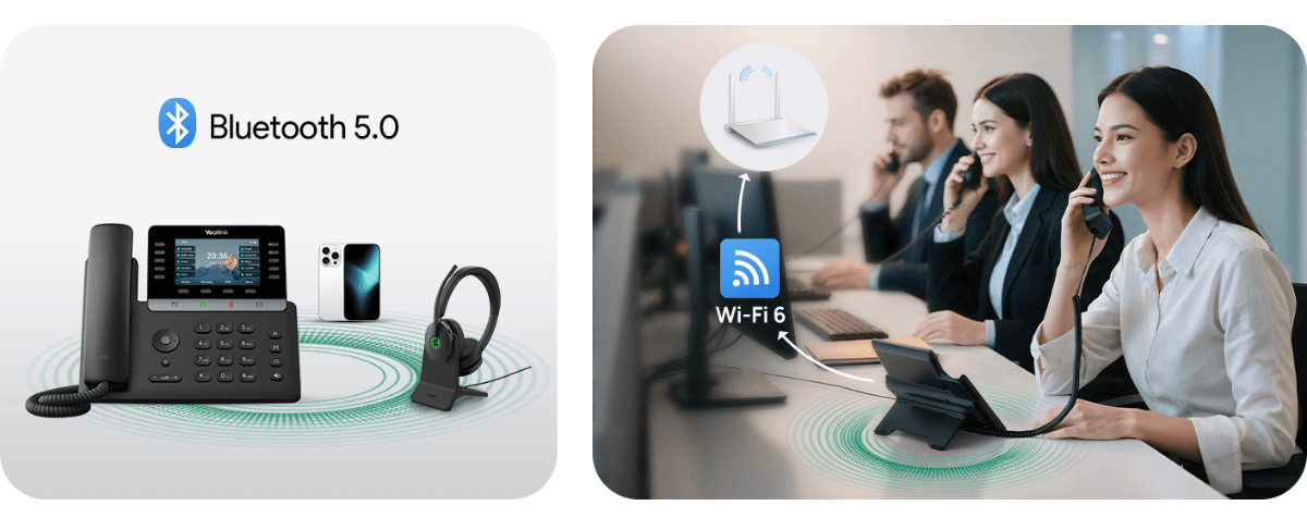 Yealink SIP-T74W được tích hợp sẵn chuẩn Wi-Fi 6 và bluetooth 5.0